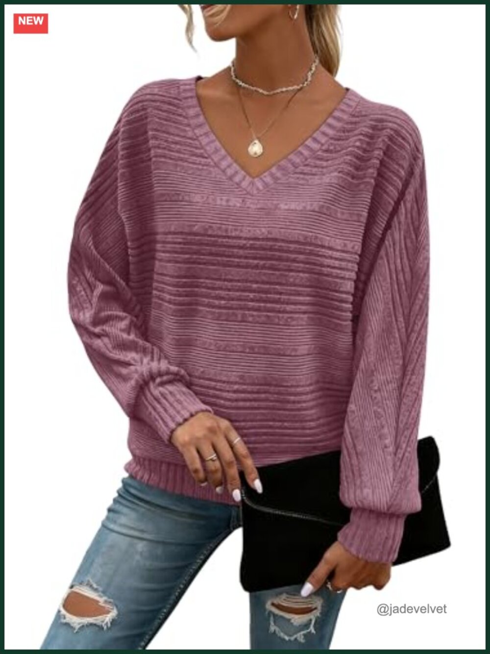 Women's Batwing Sleeve V-Neck Knit Tunic Pullover Sweater